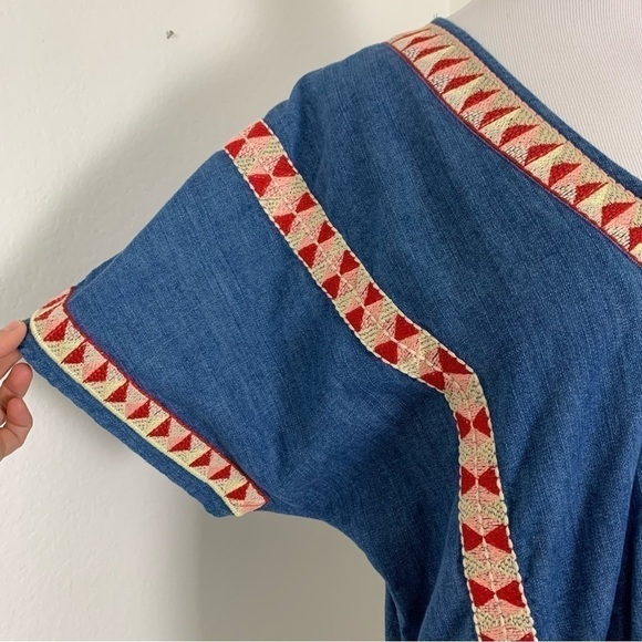 Zara TRF Denim Chambray Embroidered Dress Women’s S Pockets Colorful Boho - Picture 5 of 15